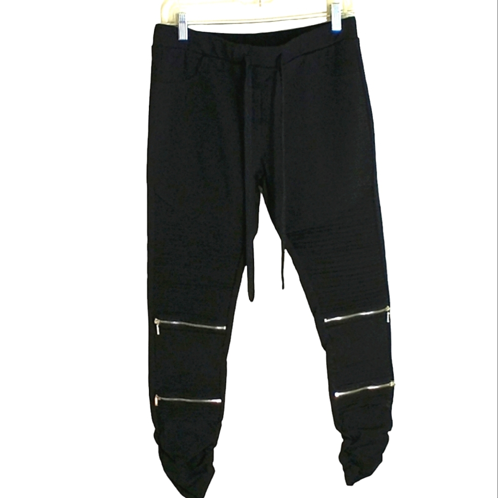 Shinestar Black roushed leg drawstring waist pullon Moto stretch pants sz XL